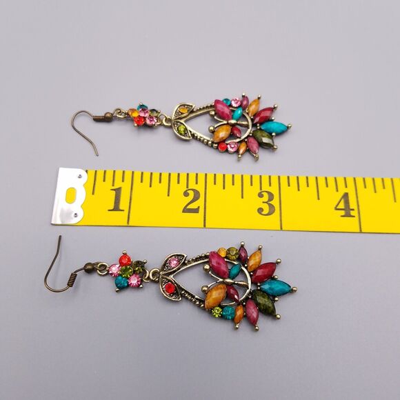 Chandelier Earrings Butterfly Brass Tone Multicolor Beads Rhinestones Pierced - Picture 6 of 6
